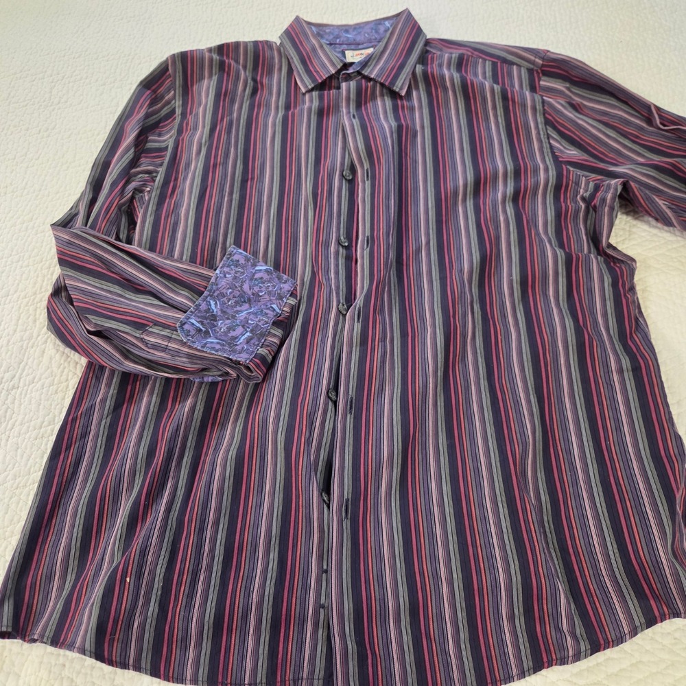 J. Garcia Mens Large Purple Striped Button Down Shirt Long‎ Sleeve Art Series L